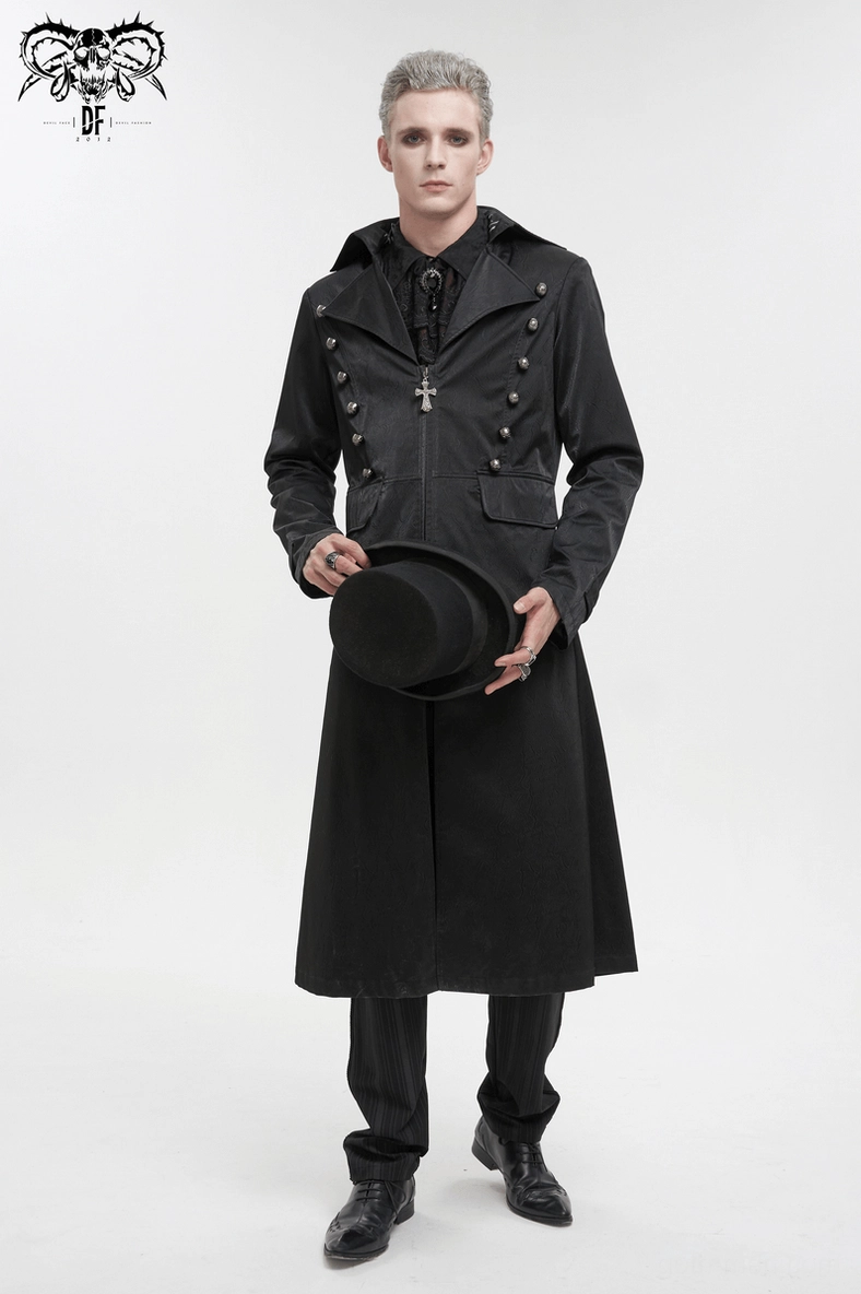 Black leather gothic coat lapel collar detail professional tailoring shot