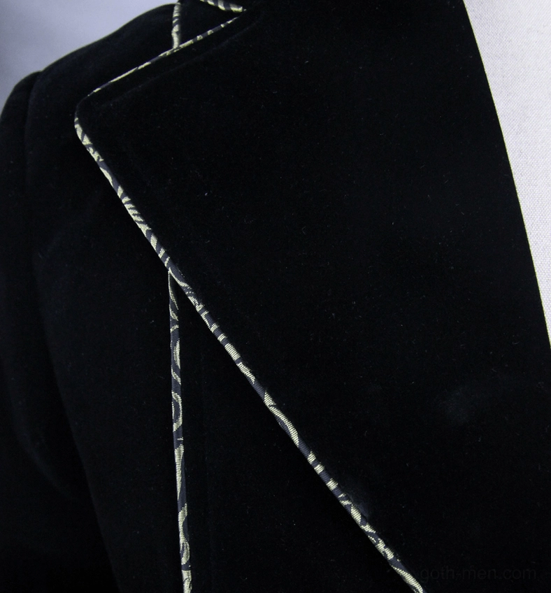 Lapel detail of Gothic tailcoat featuring gold embroidered trim on premium black velvet fabric