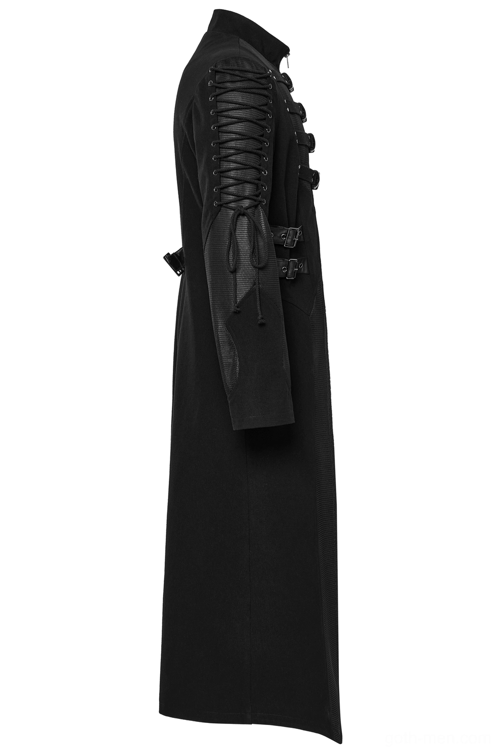 Gothic men's coat left side view showing lace-up sleeve details and full length silhouette