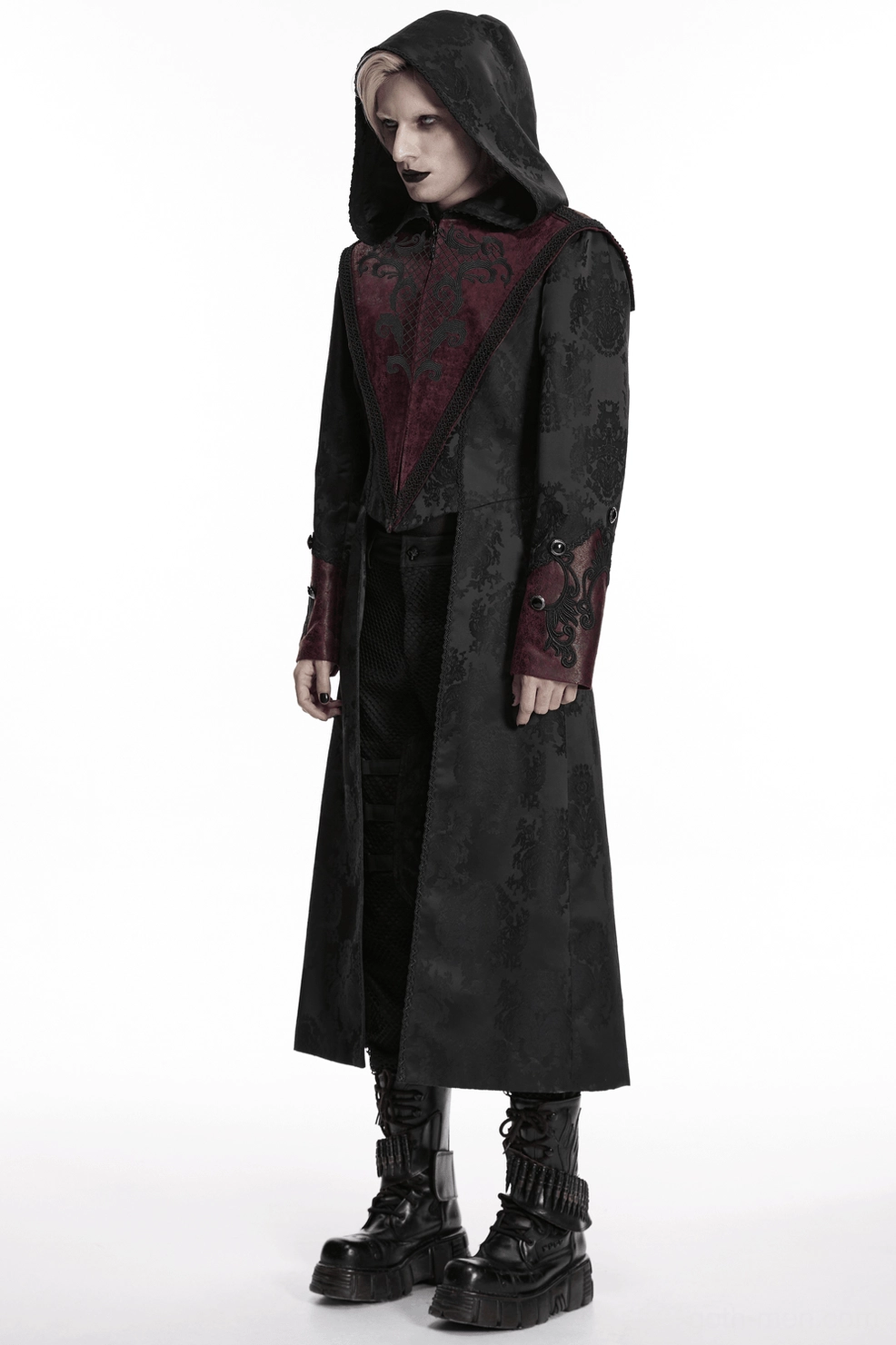 Gothic hooded jacquard coat, male model front view, dark alternative fashion, leather trim, embroidered chest piece