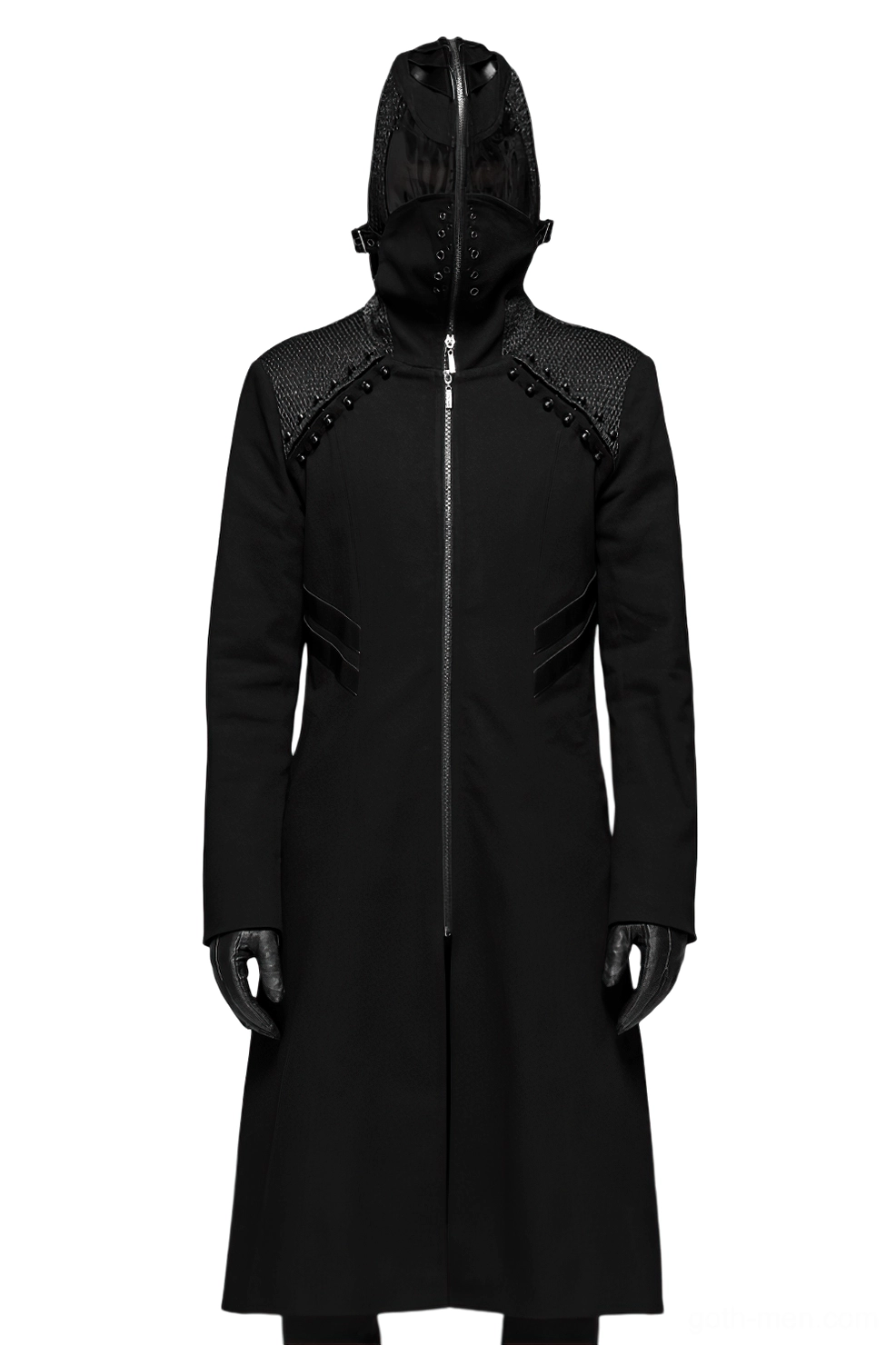 Front full-body shot of black gothic coat featuring mask-style hood and studded leather shoulder accents