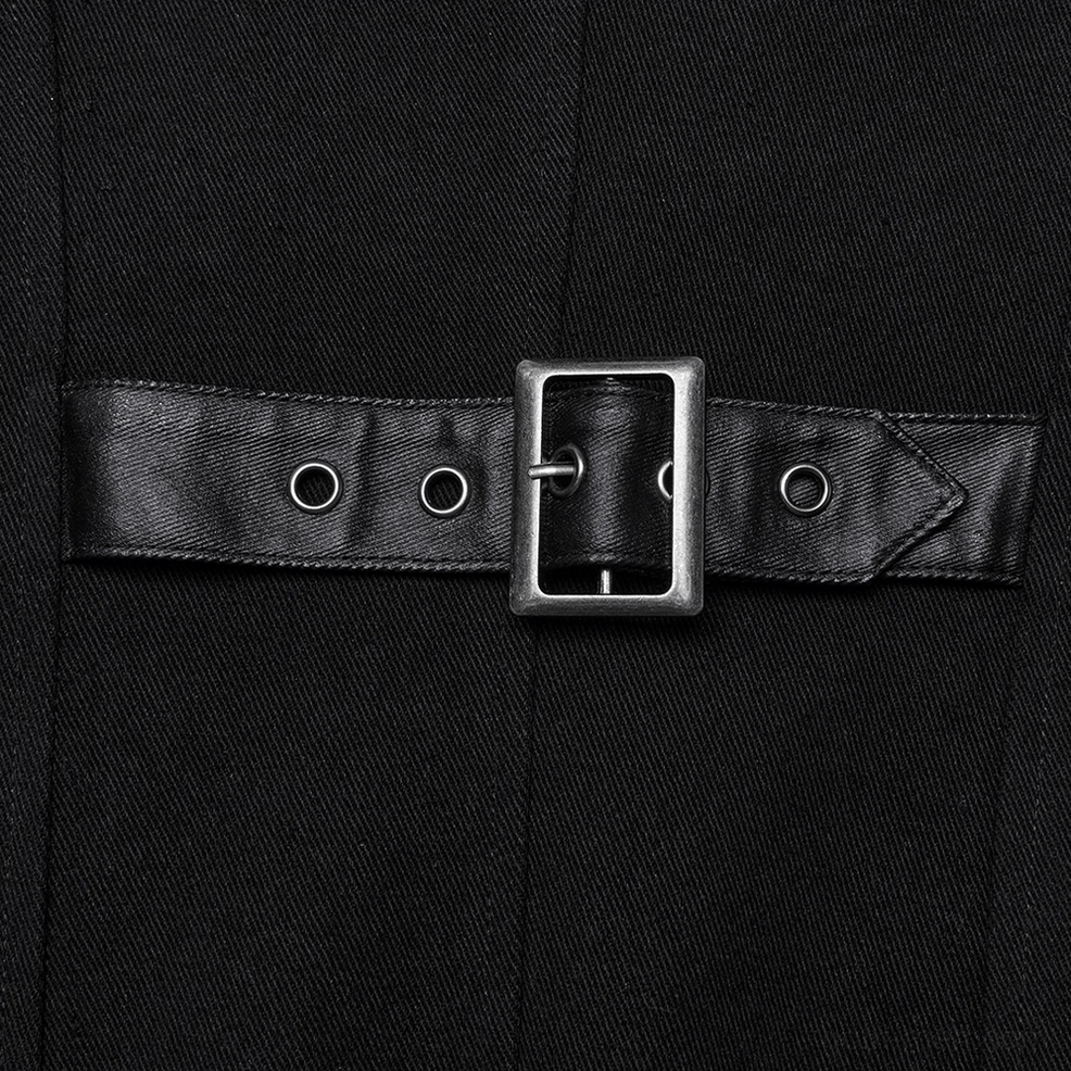 Men's gothic x-buckle coat showing mesh and leather panel layering and texture
