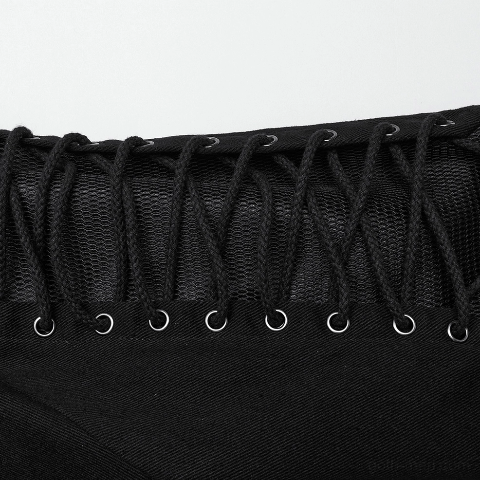 Close-up detail of black mesh fabric with metal eyelet lacing on gothic coat sleeve