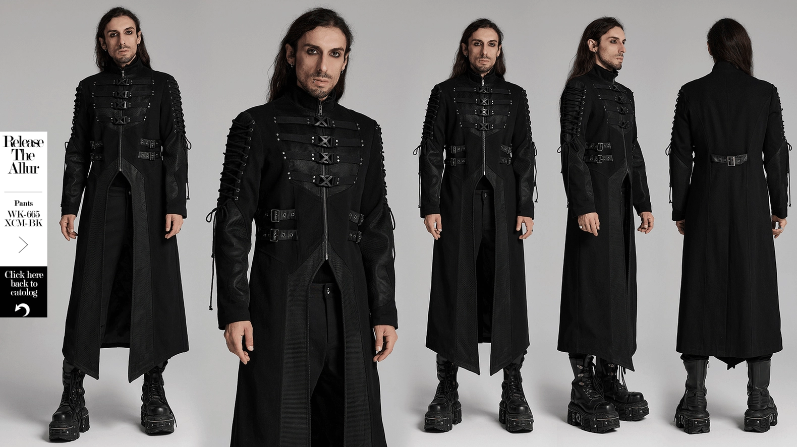 Black gothic x-buckle coat showing mesh panel placement and design aesthetic details