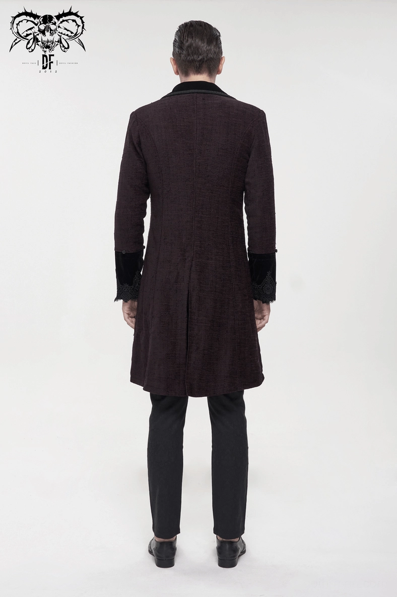 Close-up of burgundy gothic coat front closure featuring embossed metal buttons, decorative frog fasteners, and metal zipper hardware