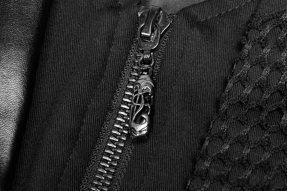 Close-up detail of metal zipper pull on burgundy gothic trench coat with black mesh fabric