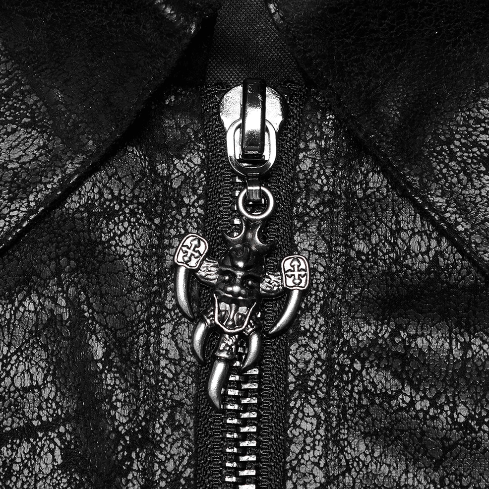 Close-up of gothic cracked rubber coat zipper featuring metal zipper pull and distressed fabric texture