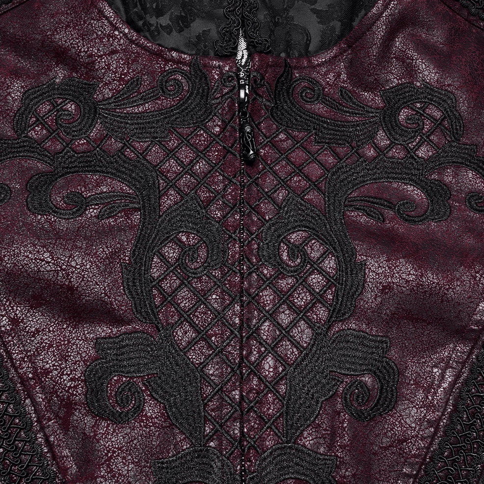 Gothic coat neck detail close-up, exposed metal zipper, black scroll embroidery pattern, grid leather texture construction