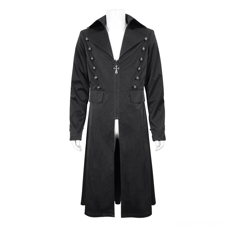 Ornate cross pendant button black leather gothic coat front full view on mannequin