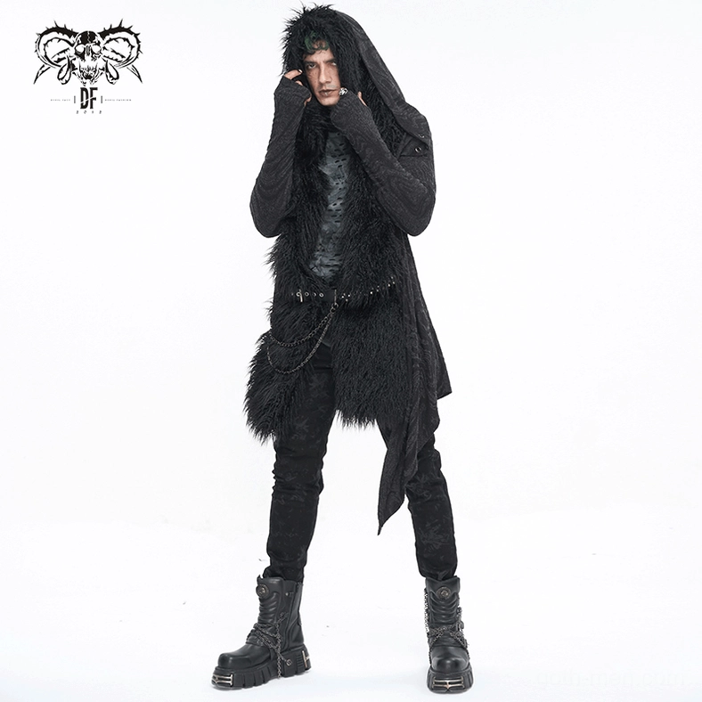 Mannequin display showing gothic coat overall fit and drape of marbled fabric