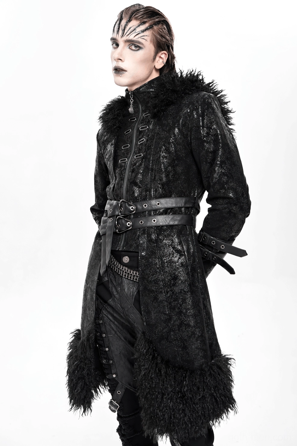 Overhead perspective of black gothic hooded coat showing waist belt placement, cuff strap architecture and overall construction