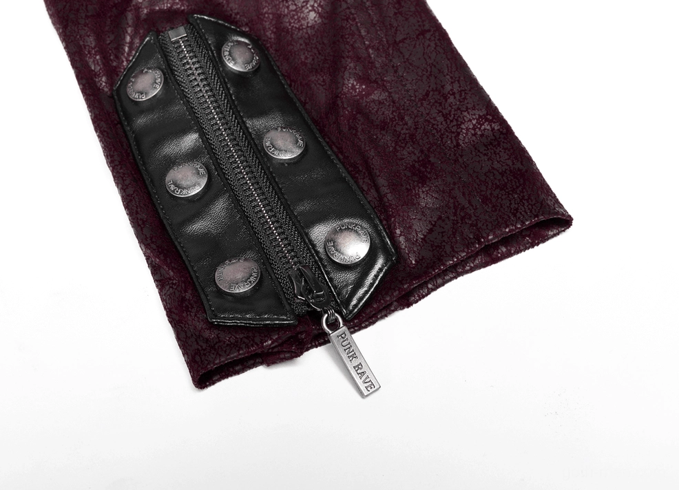 Burgundy gothic leather trench coat shoulder construction showing padded structure and metal hardware