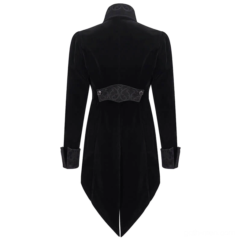 Gothic tailcoat rear mannequin display showing long tail hem and embroidered waist panel detail