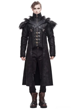 Black gothic long coat front view on male model, showcasing high zipper collar, removable faux fur shoulders, and metal hardware details