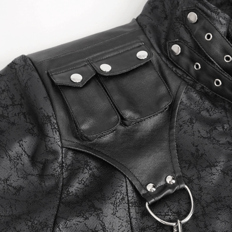 Gothic coat shoulder and collar close-up detail showing metal snap buttons, leather pocket, D-ring hardware, and cracked leather texture