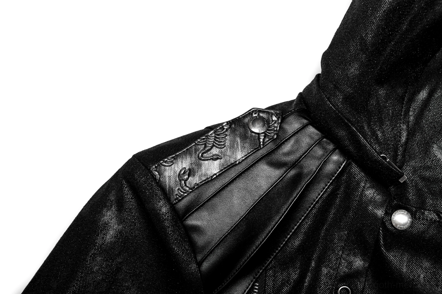 Gothic coat shoulder and collar detail with scorpion embossed panel and silver snap buttons