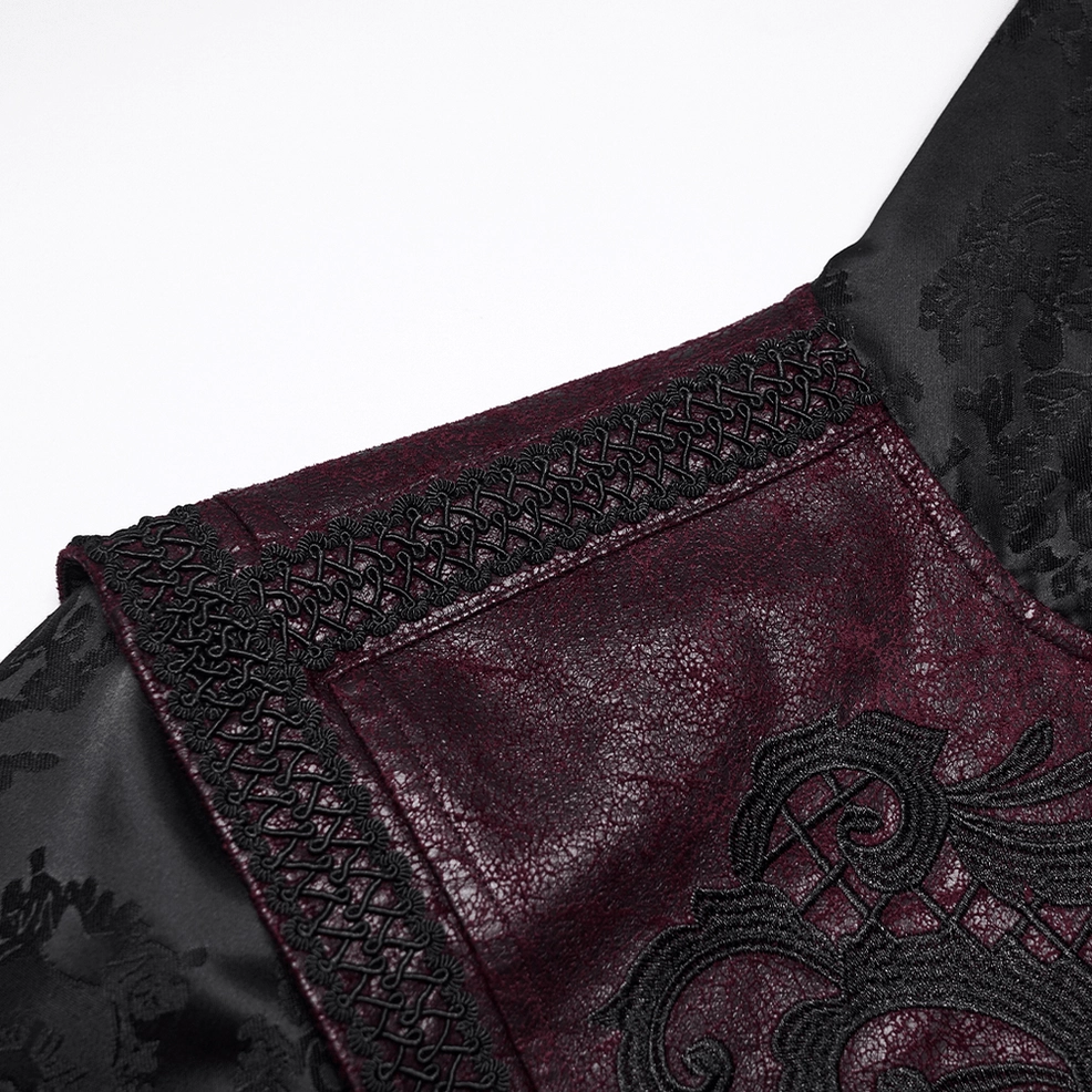 Close-up detail of gothic coat shoulder, wine red leather panel, braided trim accent, embroidered gothic pattern, textured craftsmanship