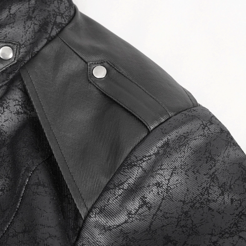 Gothic coat right shoulder close-up showing leather epaulet, metal snap buttons, and matte cracked leather finish with tactical hardware