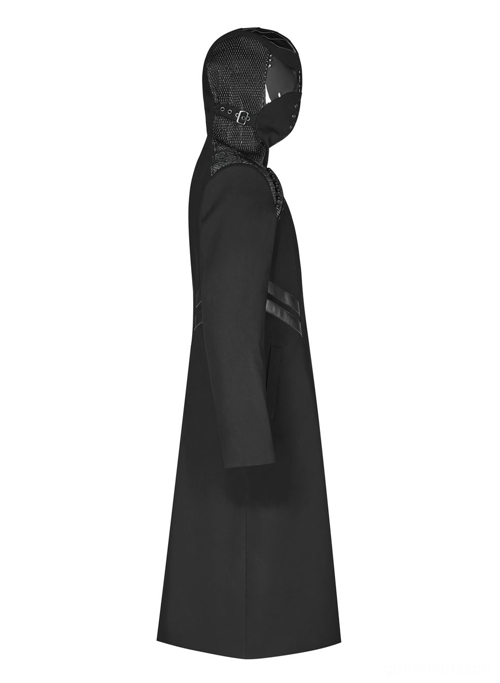 Side profile of black gothic long coat displaying hooded face mask design and full sleeve length