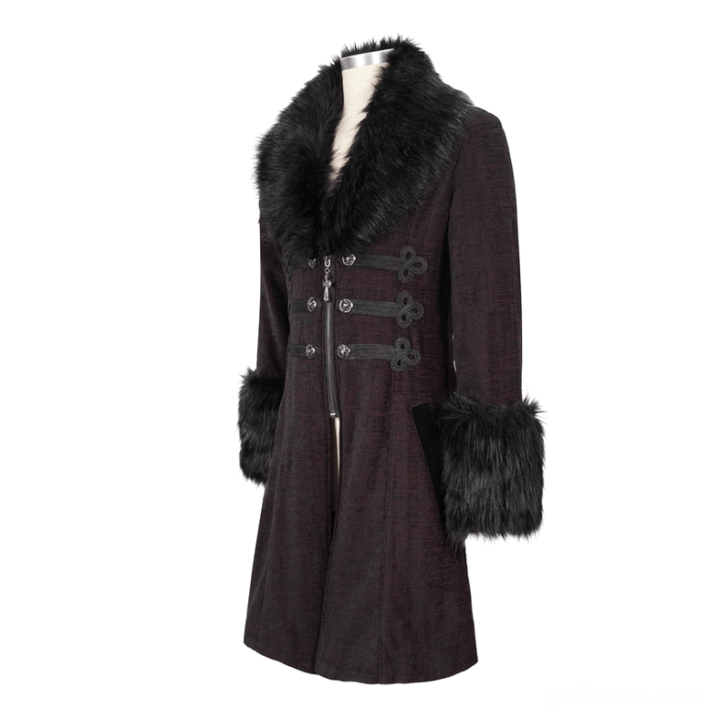 Burgundy gothic men's coat on mannequin, side profile view emphasizing the mid-length hemline and sleeve proportions