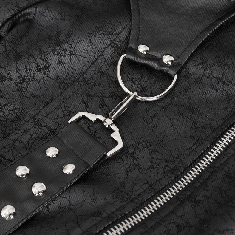 Gothic split coat side zipper and split construction detail showing metal slider and cracked leather panel integration