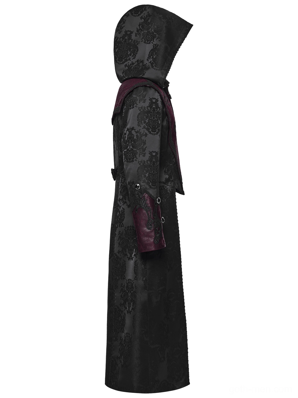 Gothic hooded coat side view on model, hooded silhouette, side stud details, all-over jacquard fabric texture, dramatic length