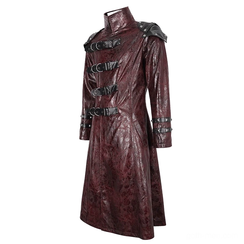Studded gothic trench coat right side view with horizontal buckles high collar and cracked leather