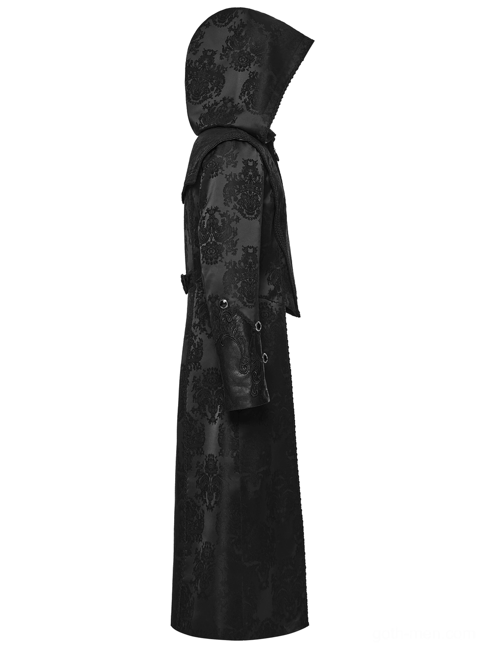 Left side view of gothic jacquard men's coat showing slim tailored fit and cuff eyelet details