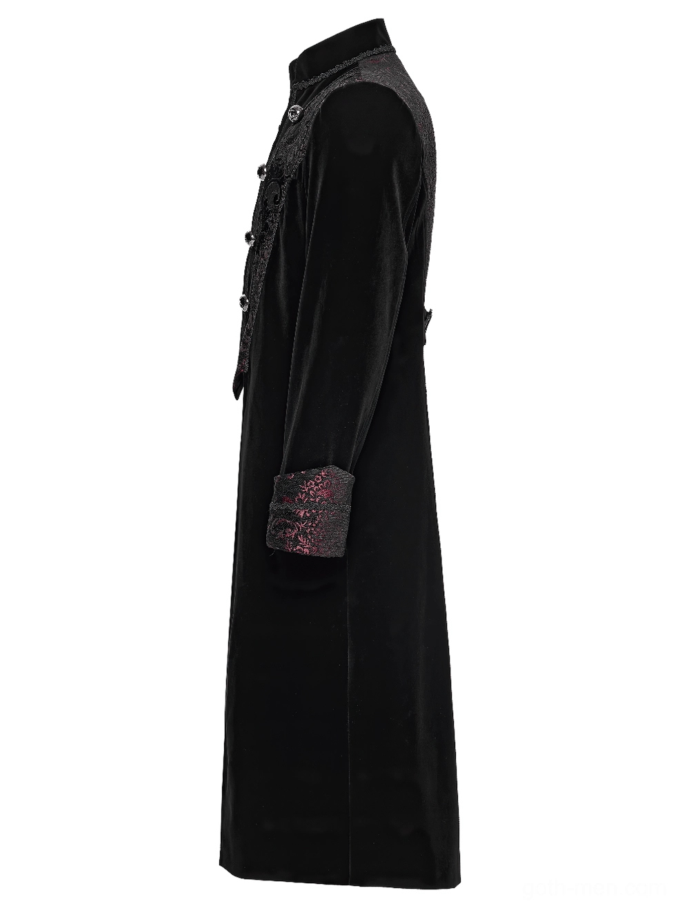 Side profile flat lay of gothic velvet coat showing smooth fabric drape and straight silhouette