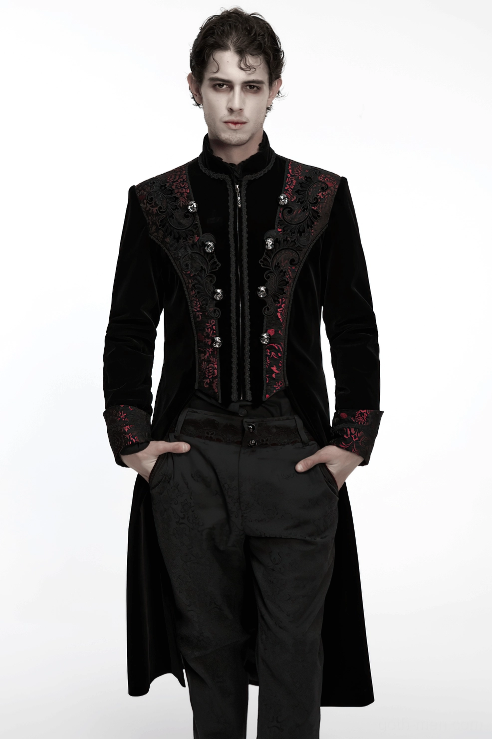 Product shot of gothic velvet long coat showing overall silhouette and dual-tone color contrast