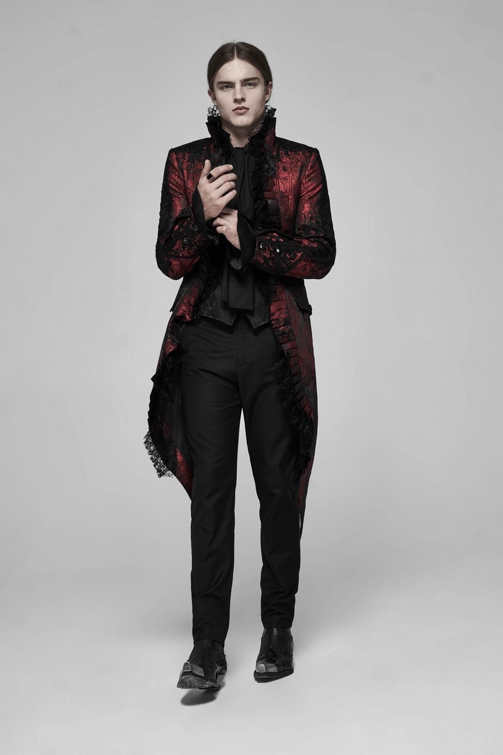 Gothic wine red tailcoat sleeve detail with turn-over cuff and lace trim specifications