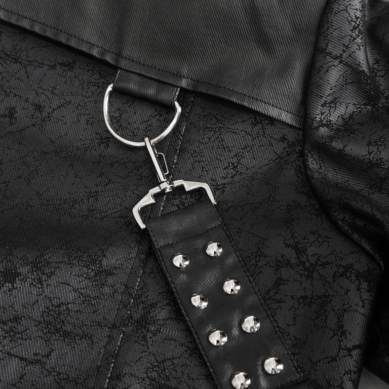 Gothic long coat sleeve detail showing cuff construction, metal hardware accents, and fitted sleeve proportions