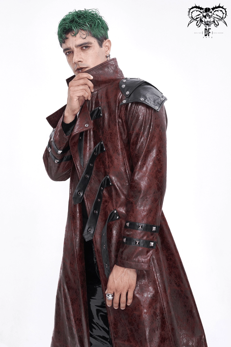 Dark burgundy gothic coat sleeves and cuff details with stud embellishments close-up