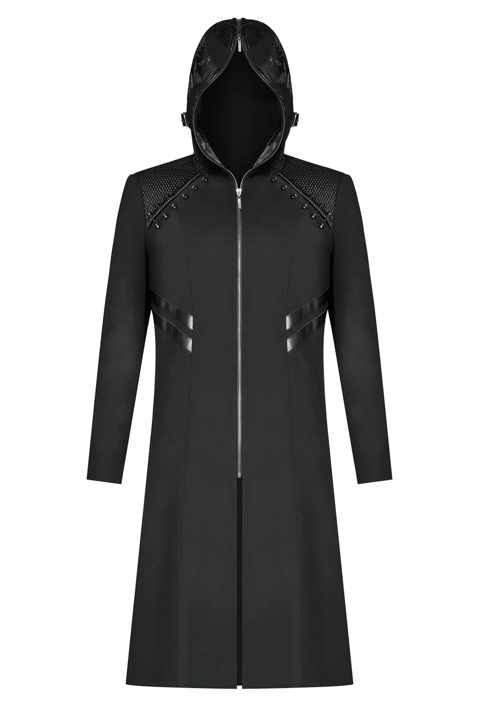 Front full-body shot of black gothic long hooded coat with slim fit and front zip on white background