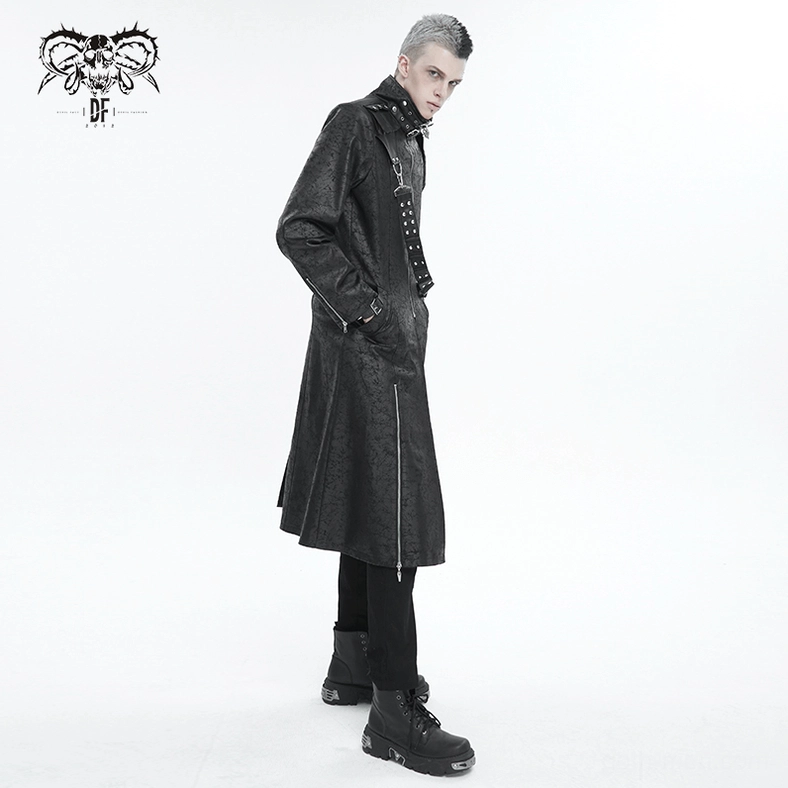 Gothic trench coat collar stand construction showing metal buckle strap system and rigid structural support