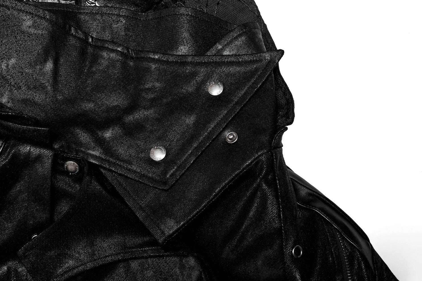 Gothic black coat striped sleeve trim accent showing contrast stitching and punk edge