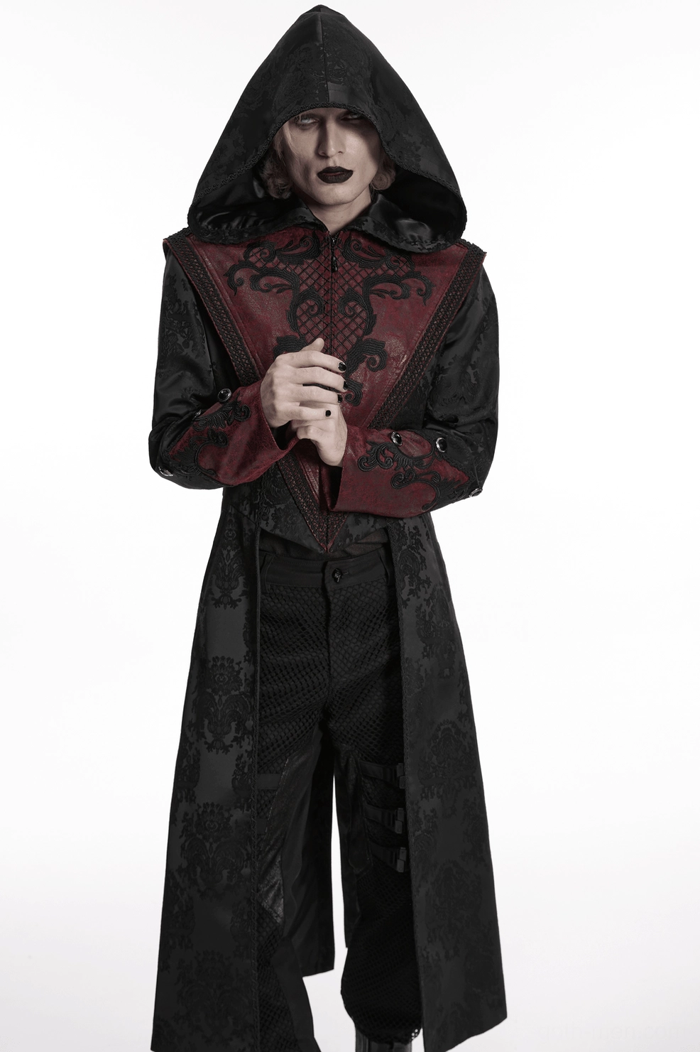 Gothic coat styling view, model wearing black burgundy hooded coat, alternative fashion aesthetic, dramatic presence and drape