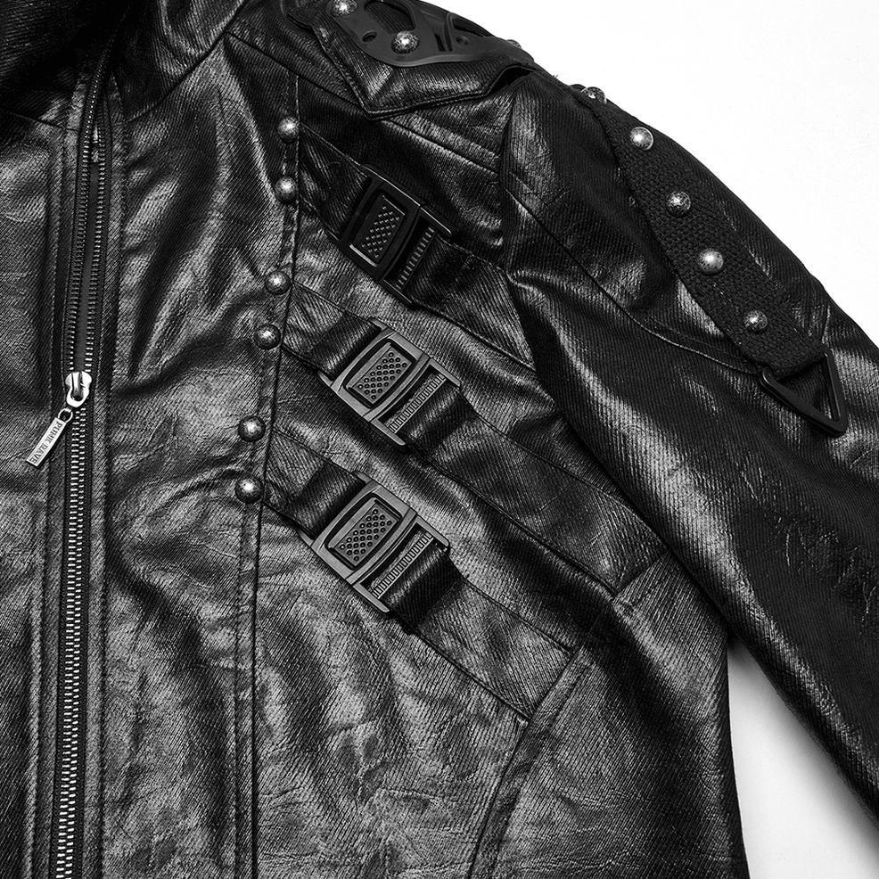 Gothic cyberpunk coat front detail - adjustable tactical straps with metal studs and central metal zipper