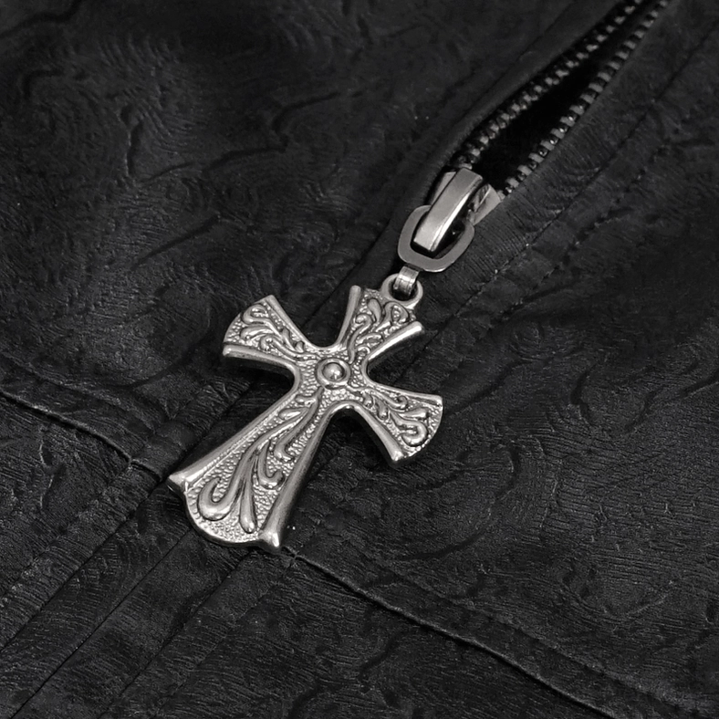 Black leather gothic coat tailored fit showing embossed texture and professional construction