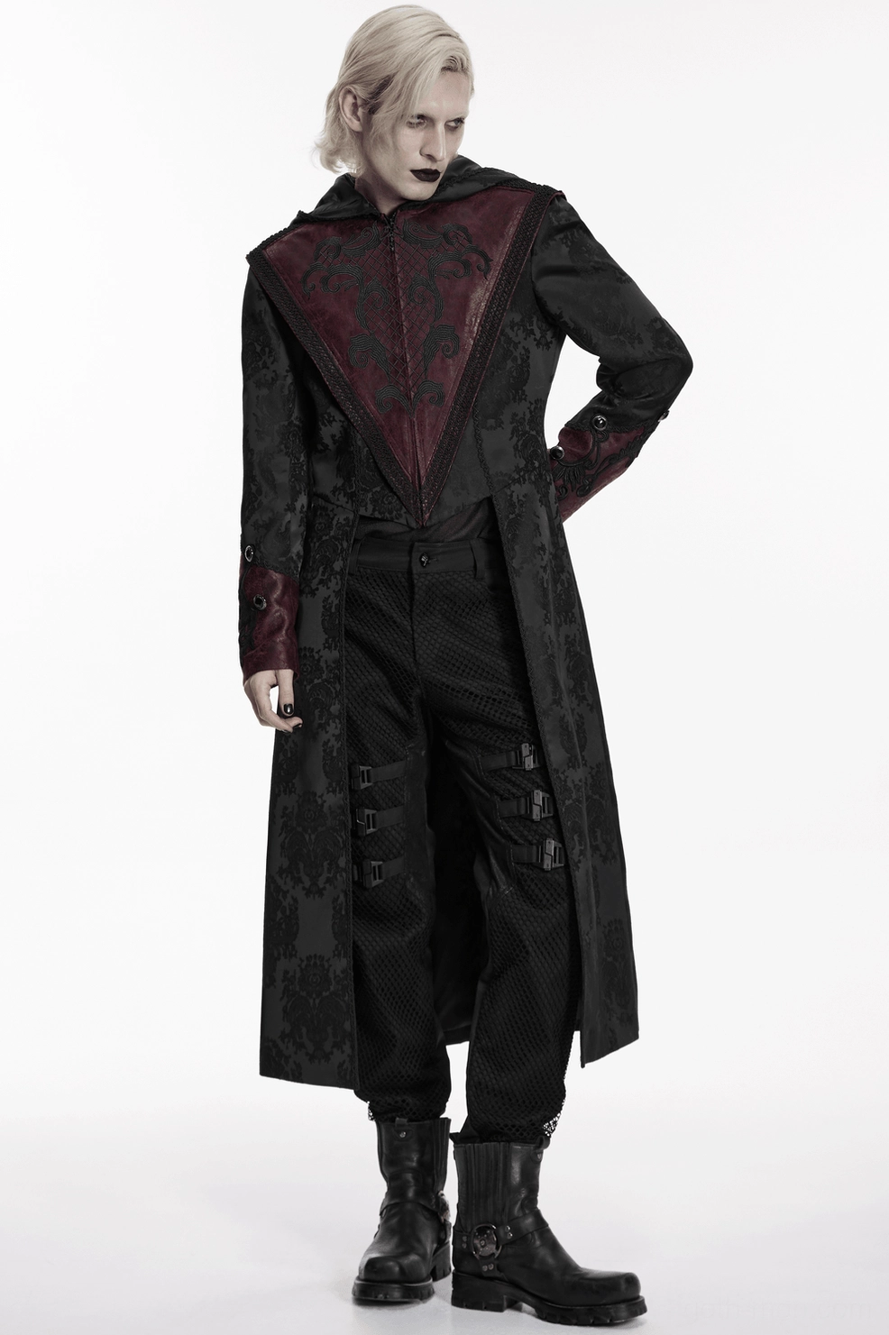 Gothic long coat theatrical design, hooded, layered construction, embroidered details, stage performance or cosplay ready