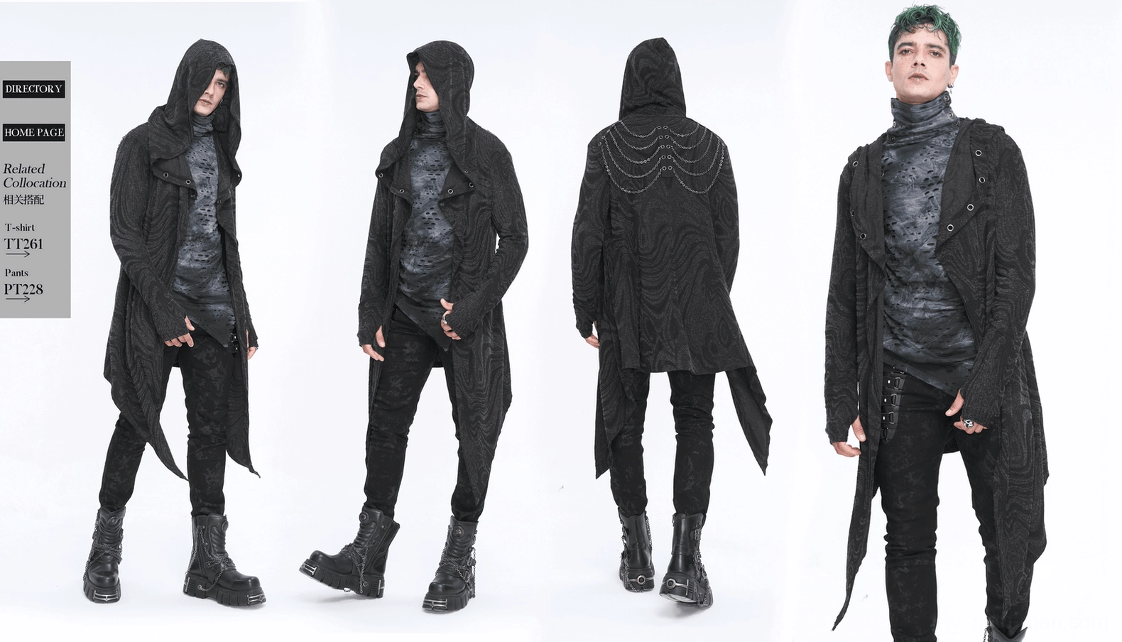 Three-quarter view of gothic hooded coat showing overall aesthetic and design elements