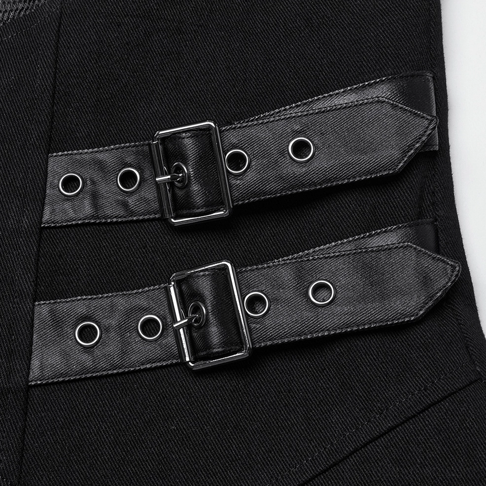 Black gothic trench coat rear waist belt with metal buckles and eyelet hole construction