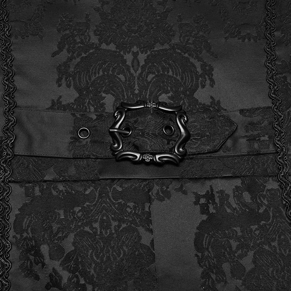 Gothic coat waist and fabric detail, carved metal belt buckle, damask jacquard pattern, braided side trim, texture showcase