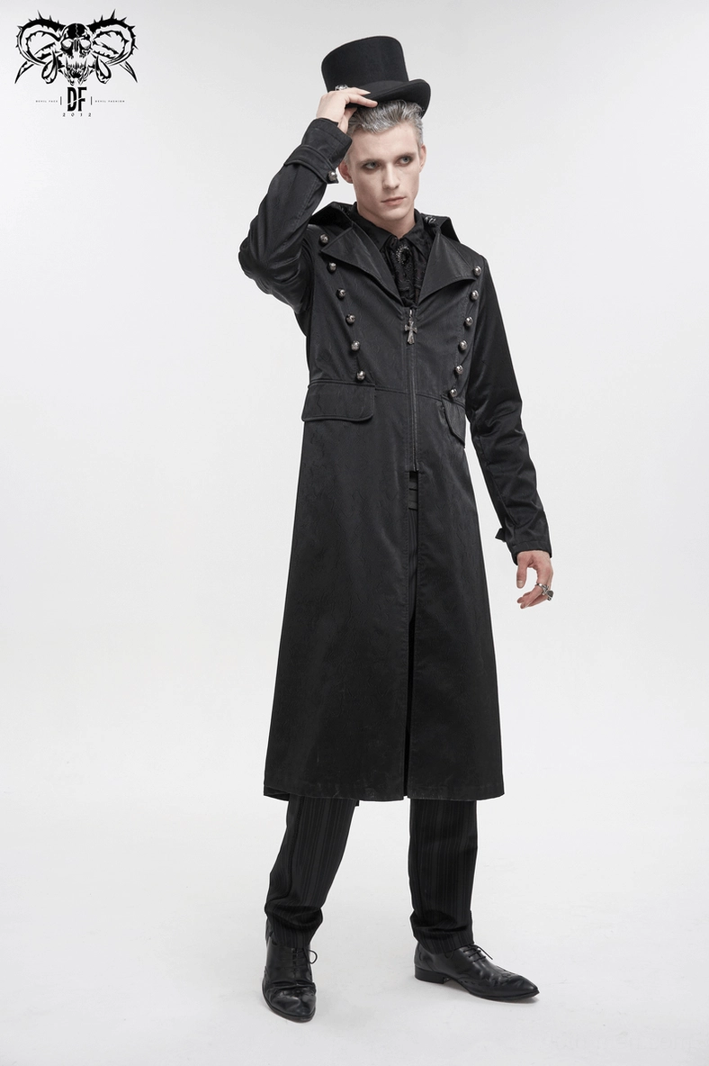 Black leather gothic coat waist pocket detail and belt buckle on mannequin