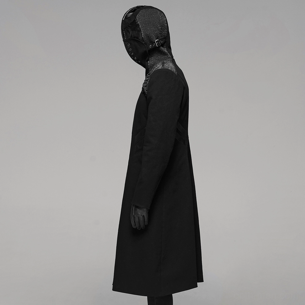 Front angle of black gothic hooded coat displaying fitted waist seam and architectural lines