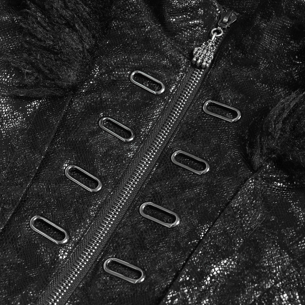 Close-up of gothic coat waist strap and buckle system showing layered construction and metal hardware details