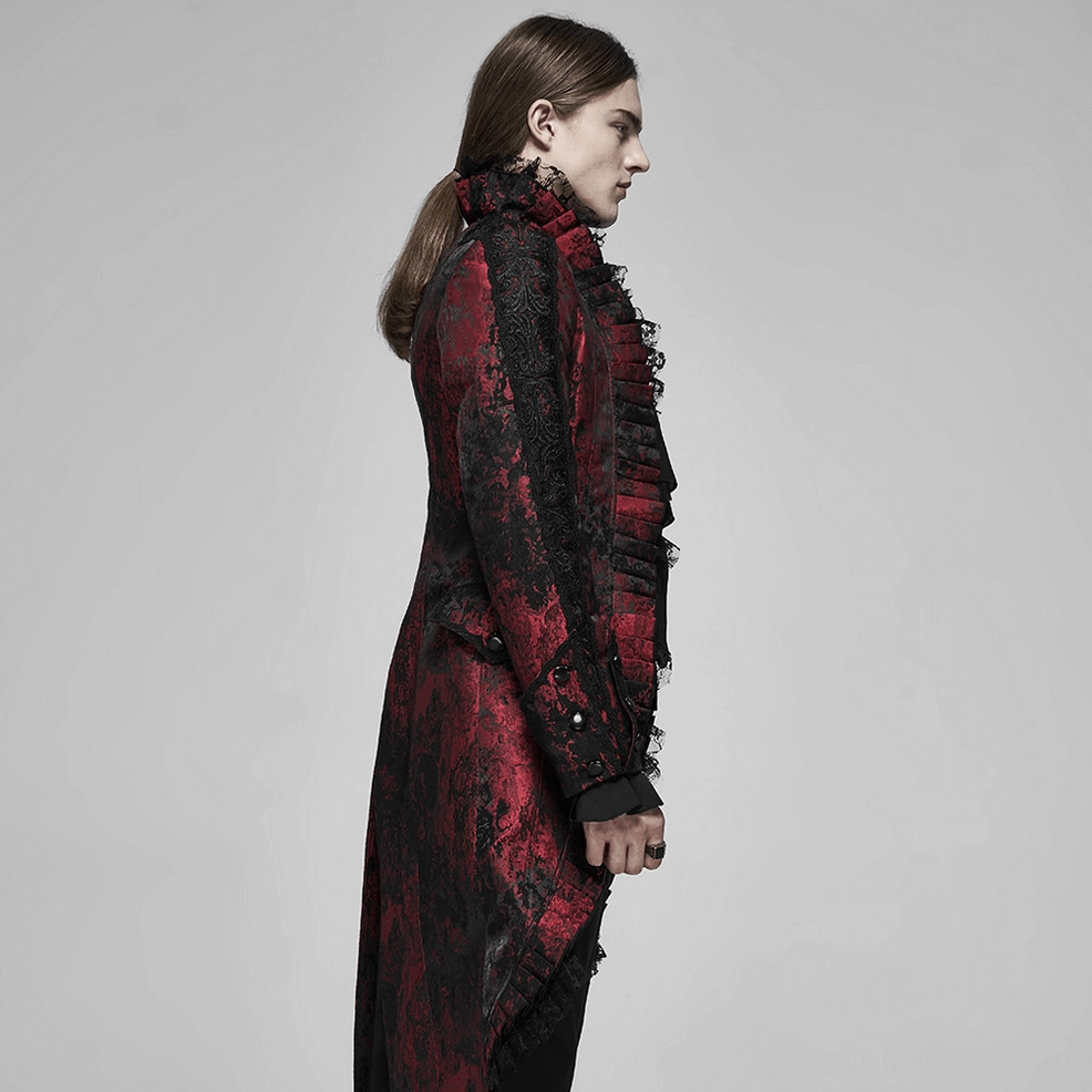 Gothic tailcoat color detail and jacquard pattern in wine red tone with black undertones