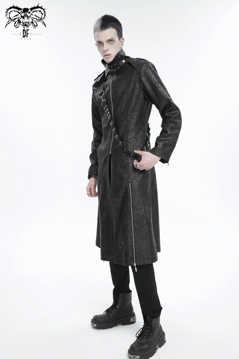 Gothic trench coat with detachable crossbody strap in attached position showing tactical styling option