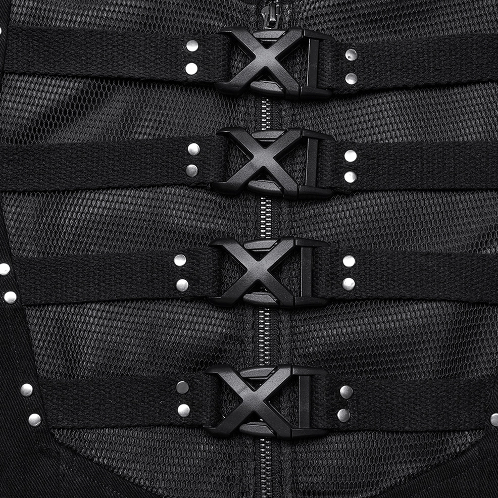 Gothic coat chest hardware detail showing x-shaped buckles and metal studs with central zipper