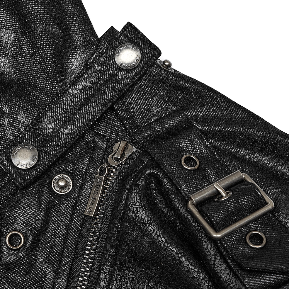 Close-up of metal zipper, snap buttons, and adjustable buckle strap hardware